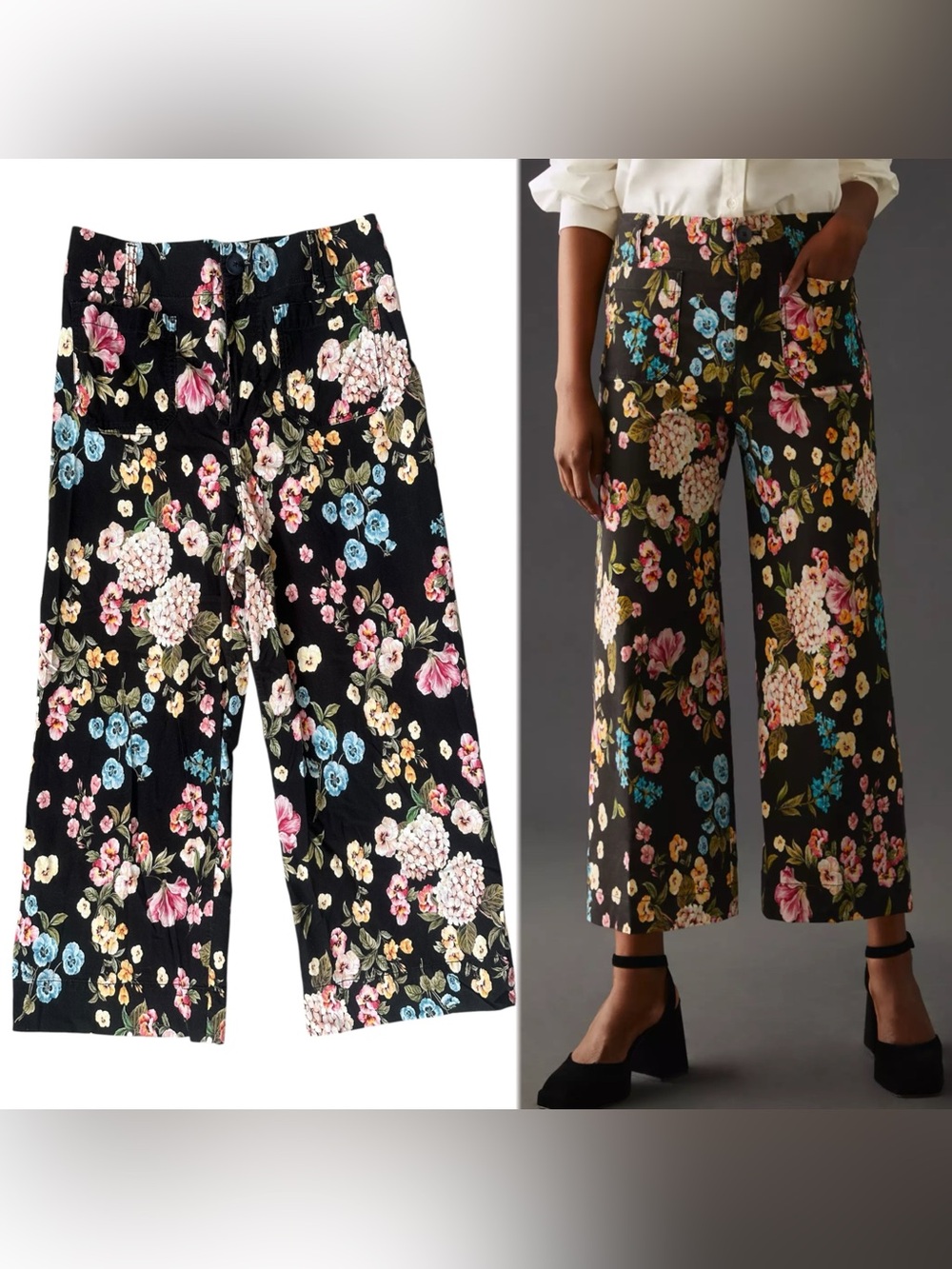 Anthropologie Maeve Colette Black Vibrant Floral Print Crop Wide Leg Pants 27